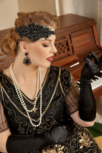 Casque noir Drop Boucles d’oreilles Cinq pièces Ensemble d’accessoires des années 20